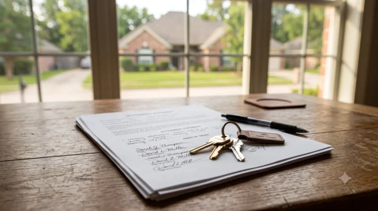 House keys resting on signed closing documents with a home visible through the window