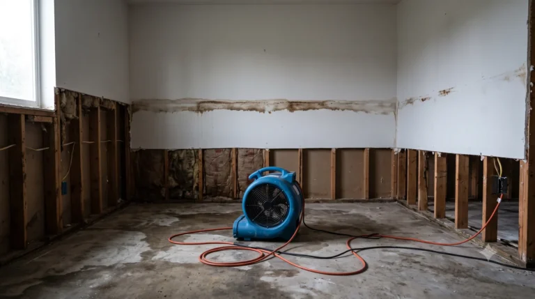 Room stripped after a flood with waterline stain and drying fan
