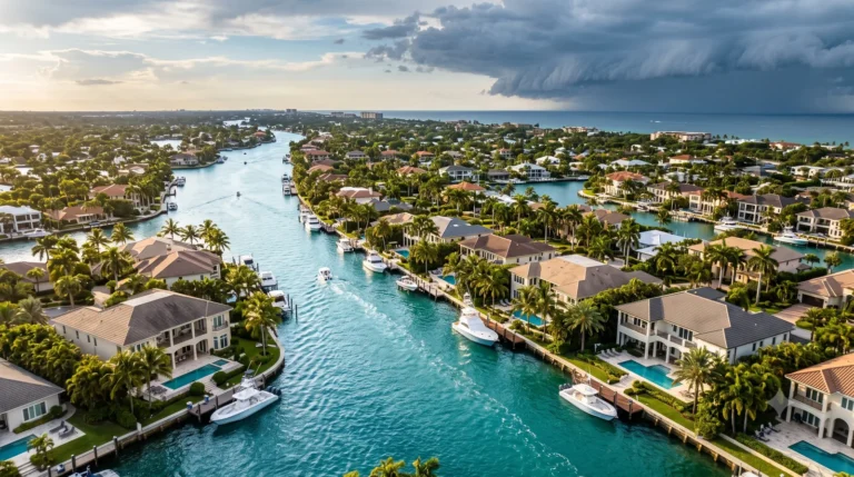 Aerial view of Florida intracoastal waterfront homes with a storm building offshore