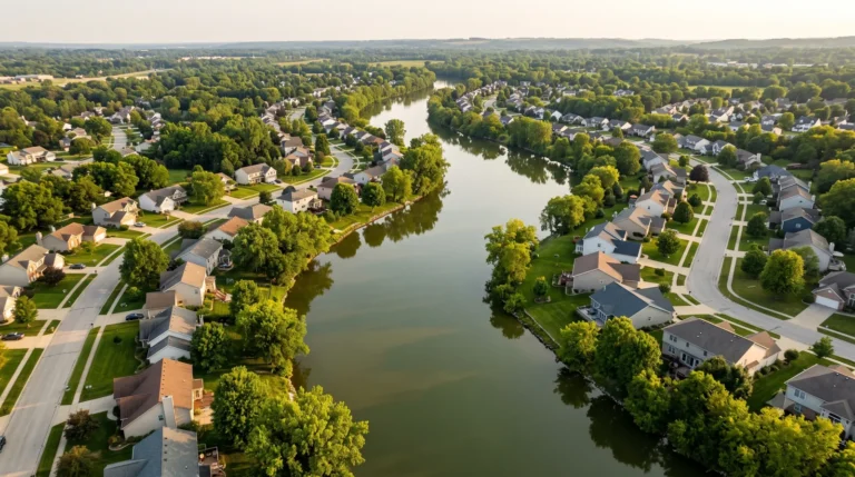 Aerial view of suburban homes along a river bend
