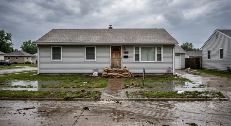 Sandbags stacked at the front door of a home as floodwater recedes