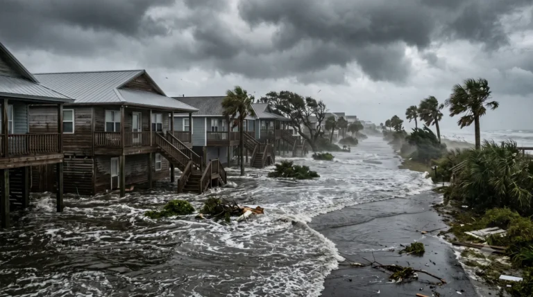 Storm surge floods a row of elevated beach houses during a hurricane