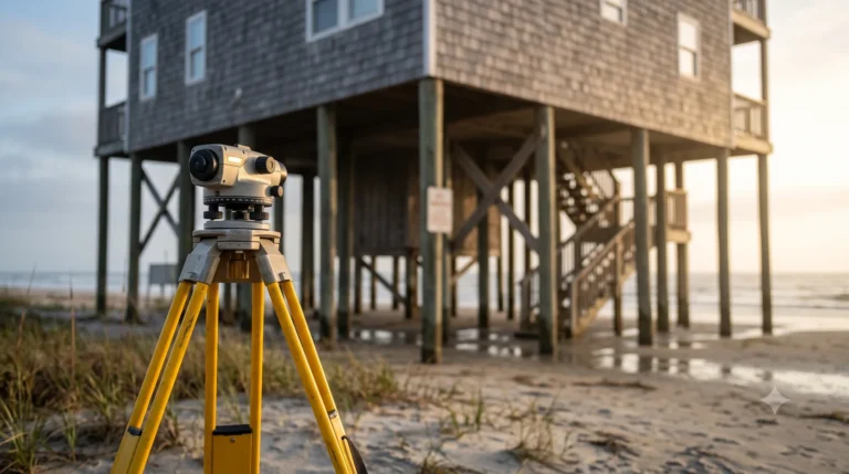 Surveyor tripod and level set up in front of an elevated coastal stilt house