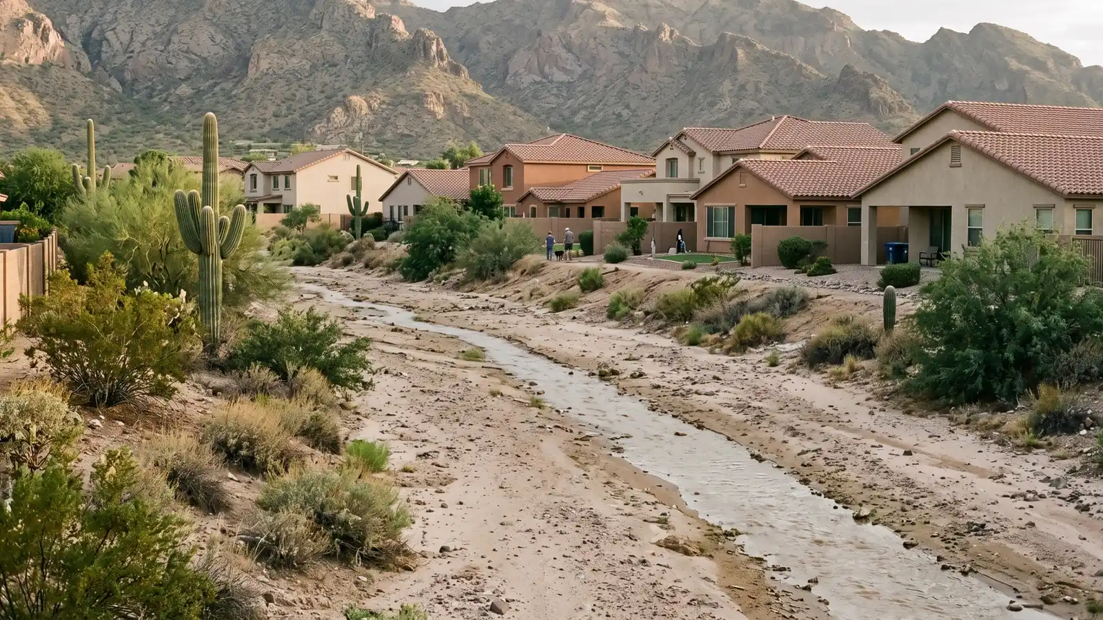 Desert wash running behind suburban homes near Phoenix after monsoon rain