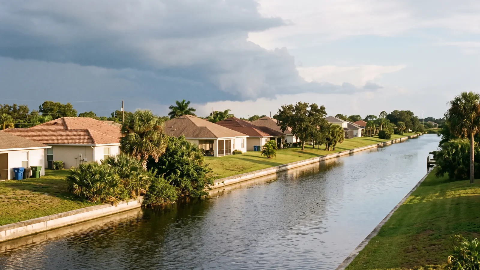 Low-elevation Florida neighborhood beside a drainage canal
