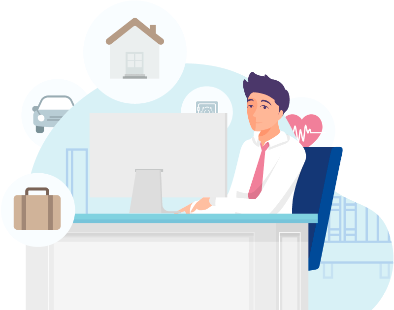 Illustration of an insurance agent at a desk with home, auto, health, and business coverage icons