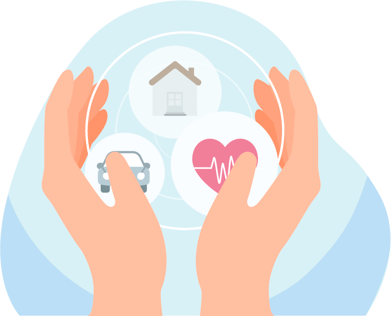 Illustration of cupped hands protecting home, auto, and health insurance icons