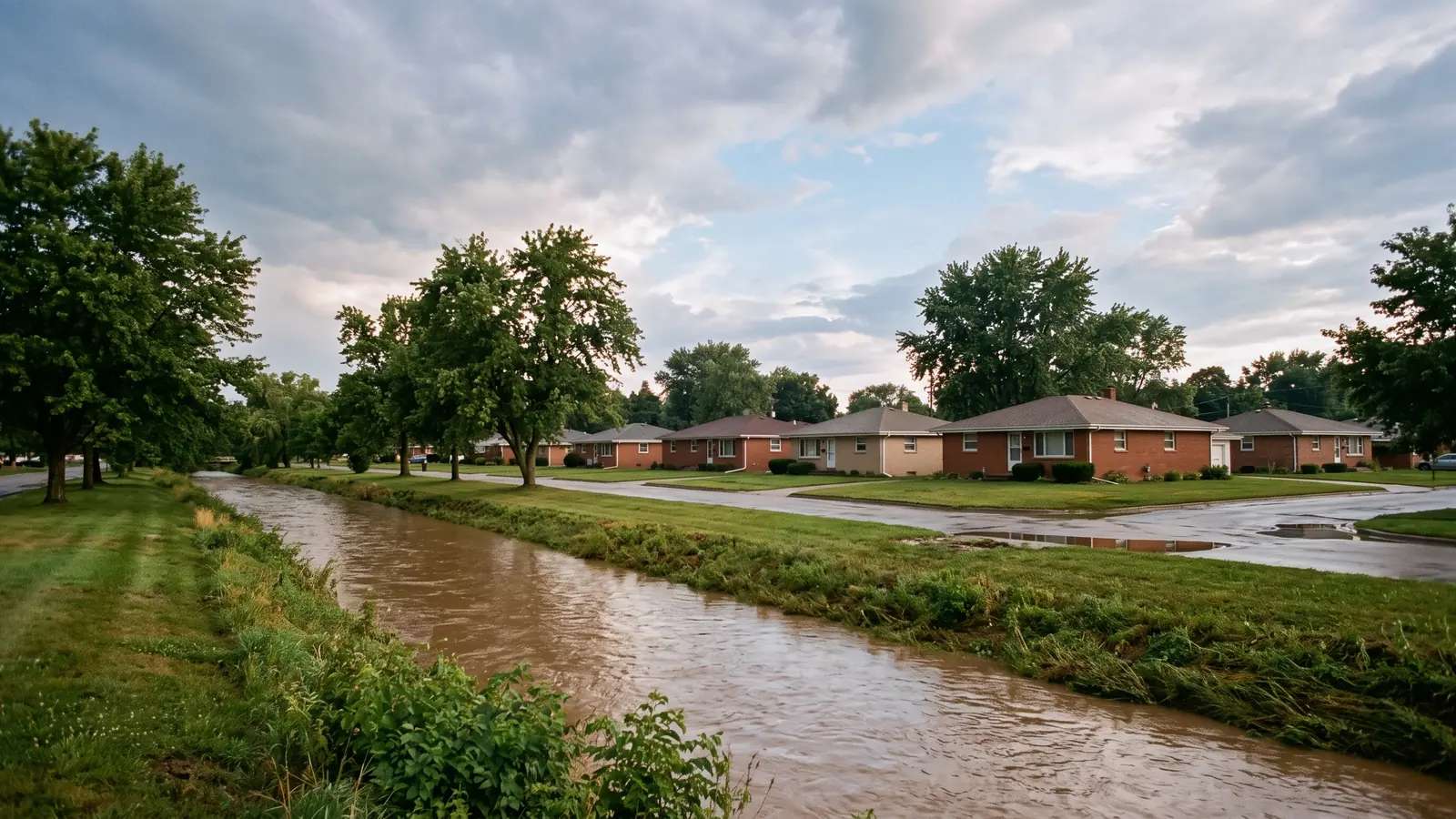 Creek running high beside a flat Oklahoma neighborhood after heavy rainfall