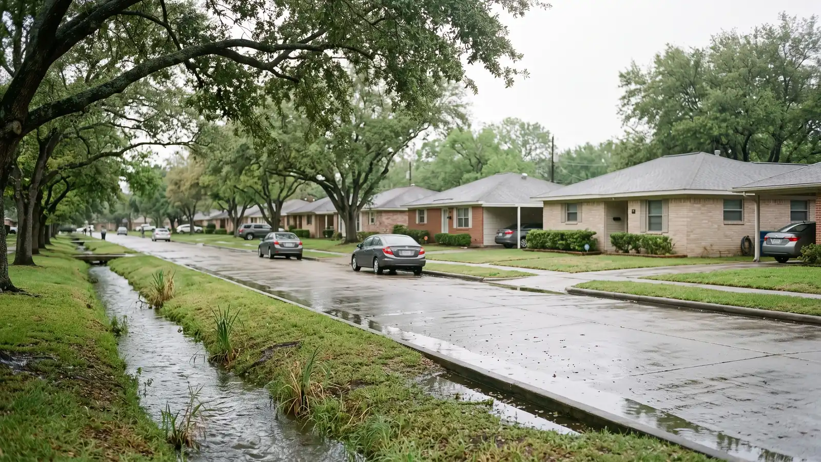 Bayou drainage channel alongside a low-lying Houston-area residential street