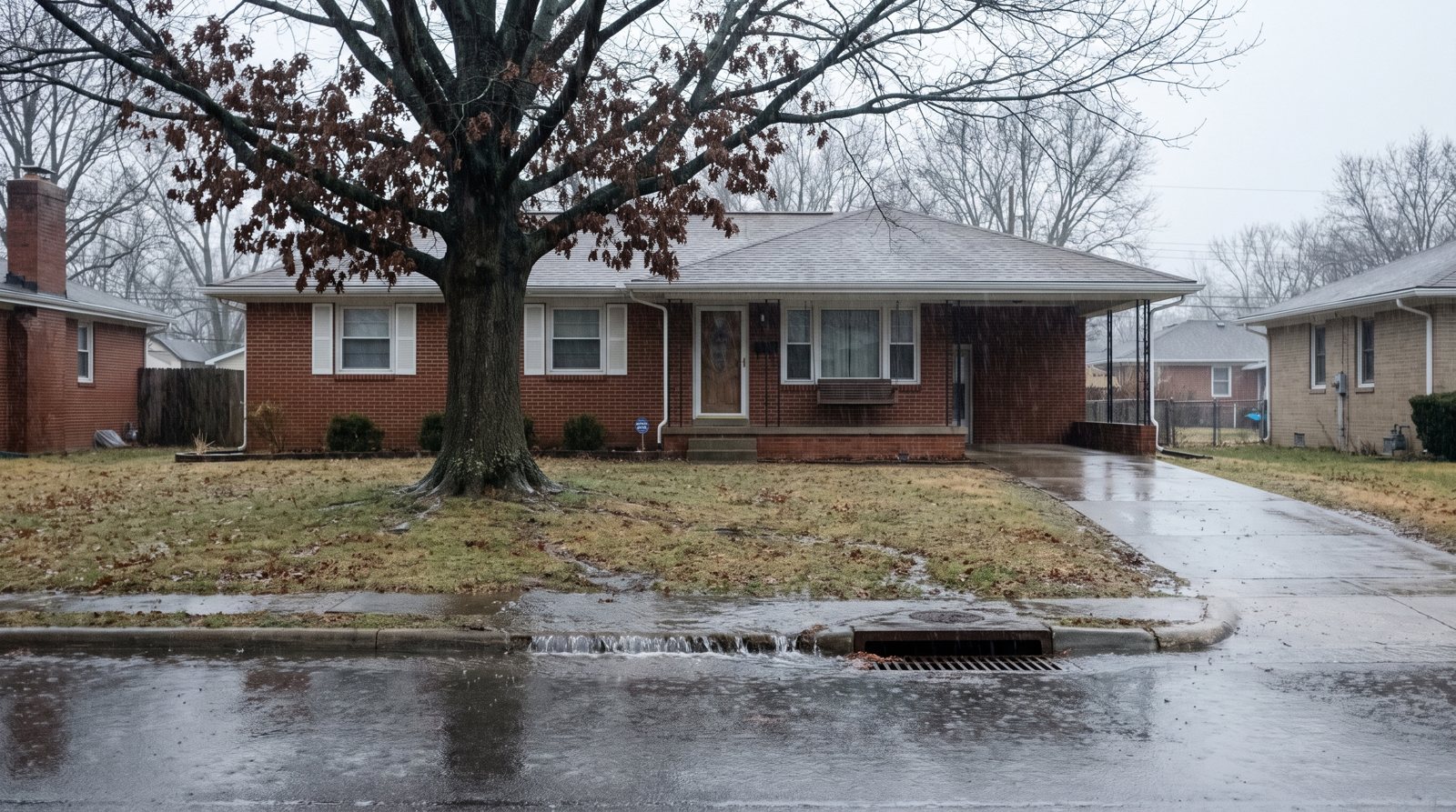 Steady winter rain on a brick ranch home, with runoff flowing along the curb into a storm drain