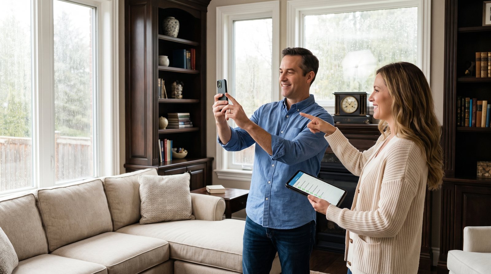 A couple photographing their living room with a smartphone and checking items off on a tablet to create a home inventory